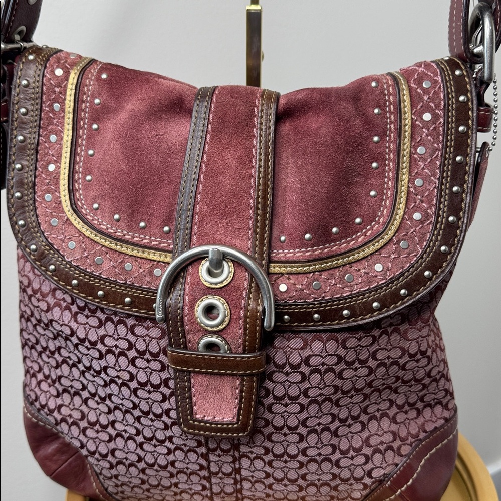 Coach SoHo Studded Mini C Signature Hobo Flap Bag F11405 Plum Berry - Picture 3 of 12